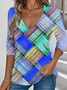 Women's Contrasting Plaid Pattern T-Shirt Elegant Retro V-Neck Long-Sleeved Top For Daily Spring And Autumn
