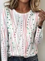 Women's Geometric Pattern T-shirt Elegant Retro Round Neck Long Sleeve Spring and Autumn Top