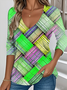 Women's Contrasting Plaid Pattern T-Shirt Elegant Retro V-Neck Long-Sleeved Top For Daily Spring And Autumn