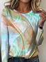 Women's Art Pattern T-shirt Elegant Retro Round Neck Long Sleeve Spring and Autumn Top