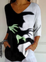 Women's Halloween Print Casual V-Neck T-Shirt