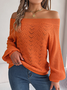 Women's Autumn And Winter Casual Solid Color Hollow Neck Off-Shoulder Lantern Sleeve Sweater