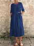 Casual Plain Buttoned Crew Neck Midi Dress
