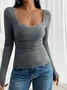 Women's Long Sleeve T-shirt Spring/Fall Gray Floral Split Joint Square Neck Daily Going Out Casual Top