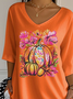 Women's Three Quarter Sleeve T-shirt Spring/Fall Orange Floral Printing V Neck Daily Going Out Casual Top