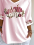 Women's Three Quarter Sleeve T-shirt Spring/Fall Pink Floral Printing V Neck Daily Going Out Casual Top