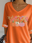 Women's Three Quarter Sleeve T-shirt Spring/Fall Orange Floral Printing V Neck Daily Going Out Casual Top