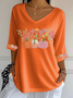 Women's Three Quarter Sleeve T-shirt Spring/Fall Orange Floral Printing V Neck Daily Going Out Casual Top