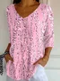 Women's Three Quarter Sleeve T-shirt Spring/Fall Pink Abstract Printing V Neck Daily Going Out Casual Top