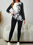 Women's Printing Floral Daily Going Out Two-Piece Set Black Casual Spring/Fall Top With Pants Matching Set
