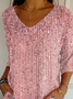 Women's Three Quarter Sleeve T-shirt Spring/Fall Pink Abstract Printing V Neck Daily Going Out Casual Top