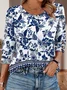 Women's Long Sleeve T-shirt Spring/Fall Blue Geometric Printing Cotton V Neck Daily Going Out Vintage Top
