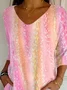 Women's Three Quarter Sleeve T-shirt Spring/Fall Pink Abstract Printing V Neck Daily Going Out Casual Top