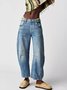Buckle Cotton Loose Casual Women's Loose Wide Leg Pants Mid-low Rise Washed Scimitar Pants Jeans