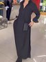Women's Long Sleeve Spring/Fall Black Plain Split Joint V Neck Daily Going Out Vintage Maxi A-Line Shirt Dress Dress