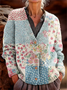 Women's Retro Floral Pattern V-Neck Cardigan Casual Comfort Regular Sweatshirt Jacket