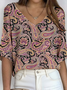 Women's Paisley Pattern V-Neck Three-Quarter Sleeve T-Shirt Loose and Comfortable Ribbed Top