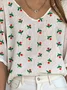 Women's Simple Pattern V-Neck Three-Quarter Sleeve T-Shirt Loose and Comfortable Ribbed Top