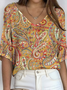 Women's Paisley Pattern V-Neck Three-Quarter Sleeve T-Shirt Loose and Comfortable Ribbed Top