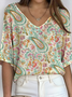Women's Paisley Pattern V-Neck Three-Quarter Sleeve T-Shirt Loose and Comfortable Ribbed Top