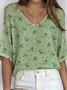 Women's Simple Pattern V-Neck Three-Quarter Sleeve T-Shirt Loose and Comfortable Ribbed Top