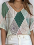 Women's Geometric Pattern V-Neck Three-Quarter Sleeve T-Shirt Loose And Comfortable Ribbed Top