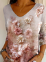 Women's Three Quarter Sleeve T-shirt Spring/Fall Pink Floral Printing V Neck Daily Going Out Casual Top
