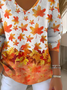 Women's Long Sleeve T-shirt Spring/Fall Orange Maple Leaf Printing V Neck Daily Going Out Casual Top