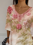 Women's Three Quarter Sleeve T-shirt Spring/Fall Pink Floral Printing V Neck Daily Going Out Casual Top