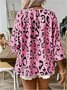 Women's Elegant Commuter Top Khaki Leopard Print Large V-Neck Pleated Three-Quarter Sleeve Shirt