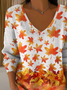 Women's Long Sleeve T-shirt Spring/Fall Orange Maple Leaf Printing V Neck Daily Going Out Casual Top