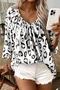 Women's Elegant Commuter Top Khaki Leopard Print Large V-Neck Pleated Three-Quarter Sleeve Shirt