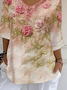 Women's Three Quarter Sleeve T-shirt Spring/Fall Pink Floral Printing V Neck Daily Going Out Casual Top