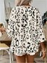Women's Elegant Commuter Top Khaki Leopard Print Large V-Neck Pleated Three-Quarter Sleeve Shirt
