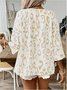 Women's Elegant Commuter Top Khaki Leopard Print Large V-Neck Pleated Three-Quarter Sleeve Shirt