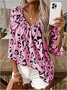 Women's Elegant Commuter Top Khaki Leopard Print Large V-Neck Pleated Three-Quarter Sleeve Shirt