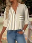 Women's Striped Pattern Patch Pocket Long Sleeve Shirt Regular Top