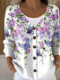 Purple Floral Cotton Regular Fit Casual Cardigan