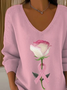 Women's Long Sleeve T-shirt Spring/Fall Pink Floral Printing V Neck Daily Going Out Casual Top