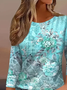 Women's Three Quarter Sleeve T-shirt Spring/Fall Green Floral Crew Neck Daily Going Out Casual Top