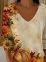 Women's Long Sleeve T-shirt Spring/Fall Khaki Halloween (pumpkin) Printing V Neck Daily Going Out Casual Top