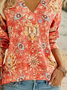 Women's Long Sleeve T-shirt Spring/Fall Orange Ethnic Printing Jersey V Neck Daily Going Out Casual Top