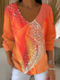 Women's Long Sleeve T-shirt Spring/Fall Orange Abstract Printing V Neck Daily Going Out Casual Top