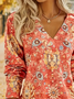 Women's Long Sleeve T-shirt Spring/Fall Orange Ethnic Printing Jersey V Neck Daily Going Out Casual Top