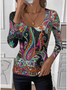 Tight Simple Floral U-Neck T-Shirt