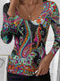 Tight Simple Floral U-Neck T-Shirt