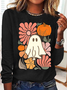 Women's Floral Ghost Halloween, Pumpkin Fall Tee, Boho Spooky Season Long-sleeved T-Shirt