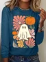 Women's Floral Ghost Halloween, Pumpkin Fall Tee, Boho Spooky Season Long-sleeved T-Shirt