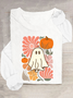 Women's Floral Ghost Halloween, Pumpkin Fall Tee, Boho Spooky Season Long-sleeved T-Shirt
