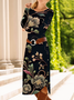 Women's Long Sleeve Spring/Fall Black Floral Crew Neck Daily Going Out Casual Midi A-Line T-Shirt Dress Dress